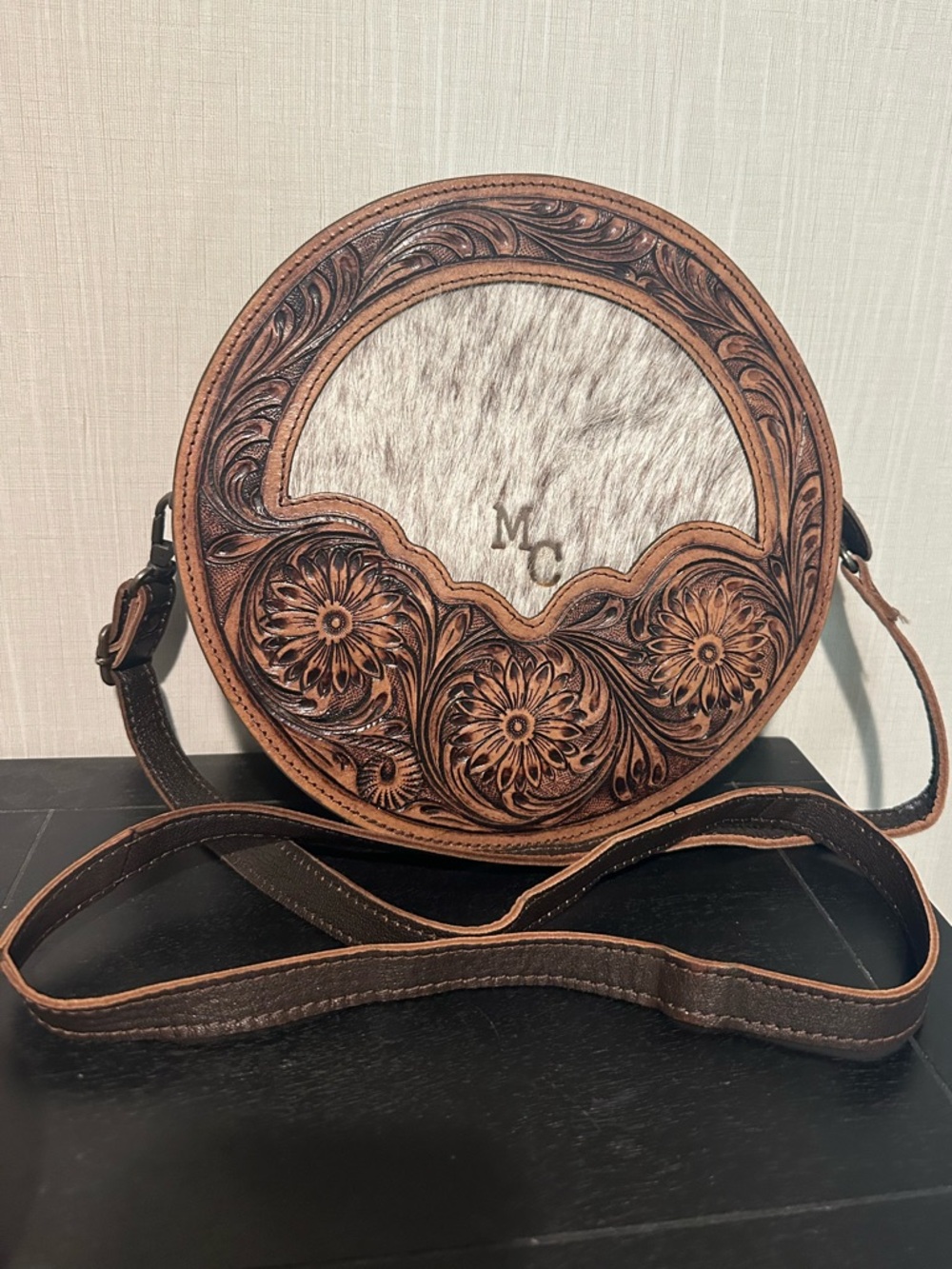 Leather and cowhide crossbody purse